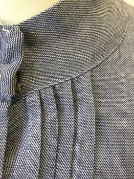 N/L, Dusty Blue, Lt Blue, Polyester, Cotton, Birds Eye Weave, Dark and Light Blue Birdseye Weave (Appears Dusty Blue), Long Sleeve Button Front, Puffy Sleeves Gathered at Shoulders, Stand Collar, Vertical Pleats on Either Side of Button Placket, Pleated Vent Detail at Center Back Hem,