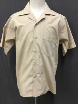 MIDFORD, Tan Brown, Cotton, Polyester, Solid, Collar Attached, Button Front, 1 Pocket, Short Sleeves,
