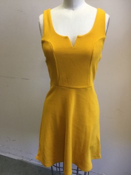 Womens, Dress, Sleeveless, PLANET GOLD, Mustard Yellow, Polyester, Spandex, Solid, Abstract , S, Scoop Neck with Cut-out Small "V", 1-1/4" Straps, Bias Cut Skirt, Slip On
