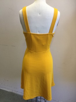 Womens, Dress, Sleeveless, PLANET GOLD, Mustard Yellow, Polyester, Spandex, Solid, Abstract , S, Scoop Neck with Cut-out Small "V", 1-1/4" Straps, Bias Cut Skirt, Slip On