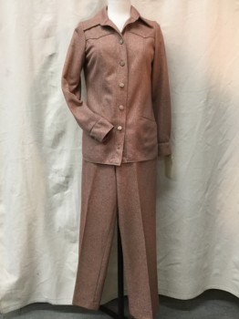 Womens, 1980s Vintage, Suit, Jacket, MTO, Sienna Brown, White, Polyester, Heathered, Speckled, 24W, 34B, Button Front, Western Yoke Front and Back, Princess Seams to Horizontal Hip Pockets, Long Sleeves with Button Cuffs, Wood Buttons