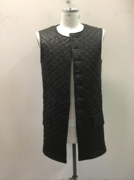 Mens, Historical Fiction Vest, MTO, Black, Leather, Cotton, Solid, Diamonds, 38C, Crew Neck, Button Front, No Buttons, Pocket Flaps, Diamond Quilted Leather Front, Polished Cotton Back with Adjustable Waist Belt, Knee Length
