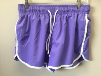 Mens, Swim Trunks, H&M, Lavender Purple, White, Polyester, Solid, M, Lavender with White Trim, Elastic Waist with White Cord Drawstrings, 2 Side Pockets