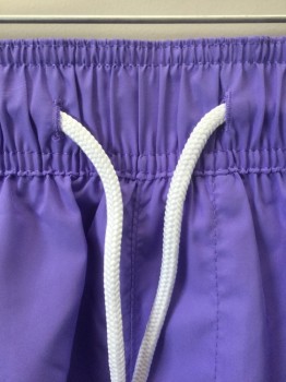 Mens, Swim Trunks, H&M, Lavender Purple, White, Polyester, Solid, M, Lavender with White Trim, Elastic Waist with White Cord Drawstrings, 2 Side Pockets