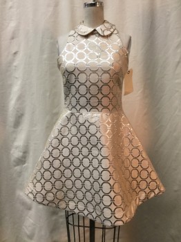 SISTER JAN, Gold, Silver, White, Polyester, Geometric, Gold, Silver & White Geometric Print, Sleeveless, Collar Attached, Sleeveless, Flare Skirt, Zip Back