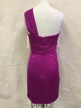 BCBG, Fuchsia Pink, Polyester, Solid, Zip Back, Sleeveless with 1 Asymmetrical, Pleated Strap Front Center Front, Pleated Cummerbund at Waist