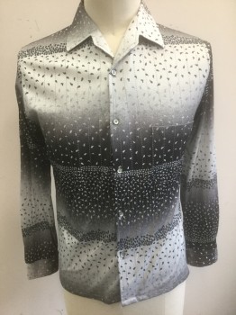 Mens, Shirt Disco, N/L, Gray, Black, White, Polyester, Geometric, L, Tiny Tea Drops, Arrows, and Dots Pattern, Long Sleeve Button Front, Collar Attached, 2 Patch Pocket, Disco Shirt