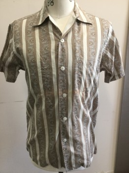 Mens, Casual Shirt, HASTINGS, White, Gold, Gray, Black, Cotton, Stripes, Novelty Pattern, 15, Collar Attached, Button Front, Short Sleeves, Patch Pocket