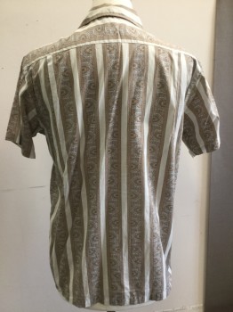 Mens, Casual Shirt, HASTINGS, White, Gold, Gray, Black, Cotton, Stripes, Novelty Pattern, 15, Collar Attached, Button Front, Short Sleeves, Patch Pocket