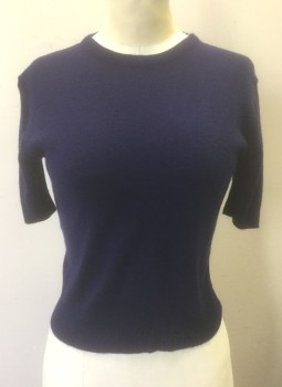 THE FASHIONED LOOK, Navy Blue, Orlon Acrylic, Solid, Knit, 1/2 Sleeves (Above Elbow Length), Pullover, Round Neck,  Fitted,