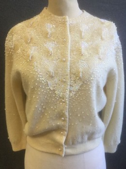 Womens, Sweater, DRAGON HOUSE, Cream, Wool, Sequins, B:38, Knit Cardigan with Cream Sequins and Beaded Tassles at Upper Chest/Shoulders, Long Sleeves, Round Neck,  Pearl Buttons at Center Front