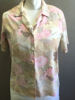 Womens, Blouse, SAG HARBOR, Cream, Lt Pink, Beige, Taupe, Gray, Polyester, Floral, 16, S/S, Button Front, Notched Collar, Shoulder Pads