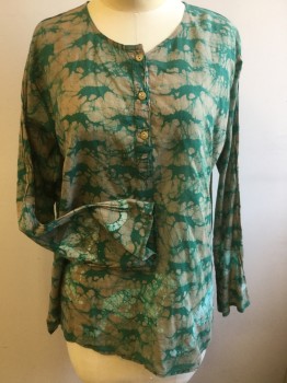 Womens, Top, CLASSIC IMPORTS, Emerald Green, Taupe, Cotton, Batik, Animals, Medium, Long Sleeves, Pullover, 3 Buttons Center Front, Big Cats, Leopard