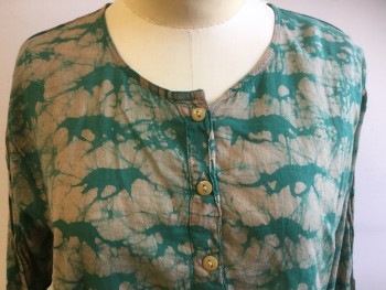 Womens, Top, CLASSIC IMPORTS, Emerald Green, Taupe, Cotton, Batik, Animals, Medium, Long Sleeves, Pullover, 3 Buttons Center Front, Big Cats, Leopard