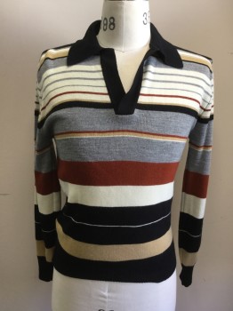 ALFIE CALIFORNIA, Gray, Brick Red, Black, Tan Brown, Wool, Synthetic, Stripes, Pullover Polo, Long Sleeves, Open Placket, Ribbed Knit Collar Attached/Waistband/Cuff