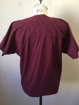 LANDAU, Red Burgundy, Cotton, Solid, V-neck, Short Sleeves, Patch Pocket,