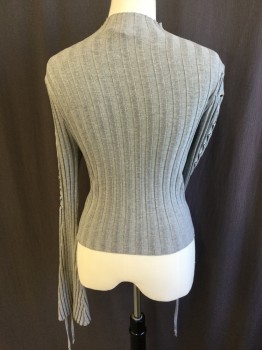 Womens, Pullover Sweater, HERA, Heather Gray, Cotton, Acrylic, Heathered, S, Diagonal Ribbed, Mock Neck, Long Sleeves Flair Bottom with Metal Self Lacing