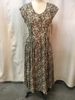 NO LABEL, Black, Green, White, Pink, Yellow, Rayon, Floral, Button Front, Scoop Neck, Short Sleeves, Gathered Waist, Lace Up Front Detail, 2 Pockets,
