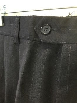 BROOKS BROTHERS, Navy Blue, Gray, Wool, Stripes - Pin, (Nearly Black) Double Pleated, Button Tab Waist, Zip Fly, 4 Pockets, Straight Leg