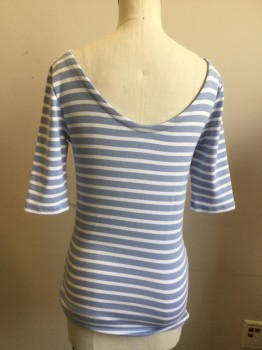 Womens, Top, GAP, Periwinkle Blue, White, Cotton, Modal, Stripes - Horizontal , XS, Bateau/Boat Neck, 3/4 Sleeve, Pull Over