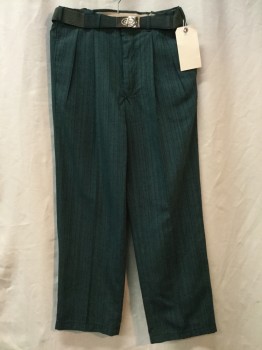 Mens, Slacks, NO LABEL, Dk Green, Black, Linen, Synthetic, Stripes, Heathered, 30/28, Dark Green, Black Stripes, Dbl Pleated, Green Belt Attached with Gold Hardware