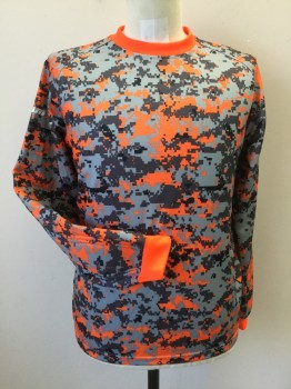 Unisex, Shirt, VIZARI, Orange, Dk Gray, Gray, Polyester, Camouflage, S, SOCCER GOALIE, Tech Camo, Raglan Long Sleeves, Padding on Forearm, Solid Orange Ribbed Knit Collar/Cuff ***remnants of Top Stick on Right Shoulder Sleeve***