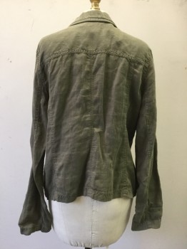 Womens, Casual Jacket, CASLON, Olive Green, Linen, Solid, Large, 1 Button, Notched Lapel, 3 Pockets,