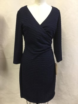 LIVING AMERICAN, Navy Blue, Polyester, Elastane, Solid, Puckered Stripe, Surplice V-neck, Long Sleeves, Rouched Left Waist