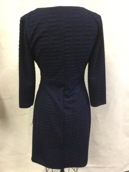 LIVING AMERICAN, Navy Blue, Polyester, Elastane, Solid, Puckered Stripe, Surplice V-neck, Long Sleeves, Rouched Left Waist