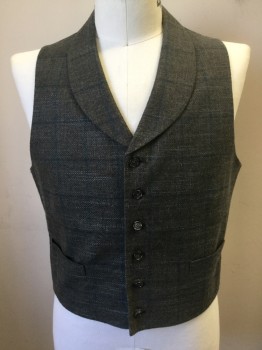 Mens, Historical Fiction Vest, MTO, Gray, Blue, Lt Blue, Wool, Check , 42, Gray with Heathered with Light Blue, Blue Check, Button Front, Rounded Shawl Collar, 2 Pocket, Silver/black Birdseye Silk Back, Self Back Belt