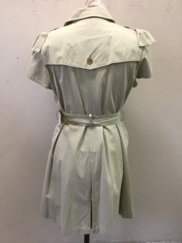 Womens, Dress, Short Sleeve, VALENTINO, Khaki Brown, Cotton, Solid, B:38, Twill Trench Coat Style Dress, Short Sleeves, Double Breasted, Epaulettes at Shoulders with 3D Self Bows, Collar Attached, Hem Above Knee, 2 Pockets with Button Flap Closures, Belt Loops, **2 Piece with Matching Self Fabric BELT