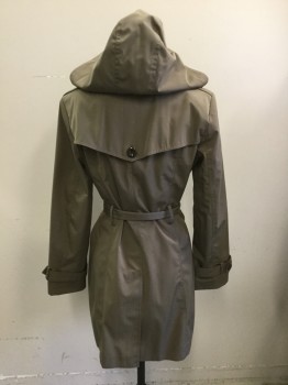 Womens, Coat, Trenchcoat, CALVIN KLEIN, Dk Khaki Brn, Polyester, Solid, XS, 4 Buttons, Removable Hood, Self Belt, Wide Lapels