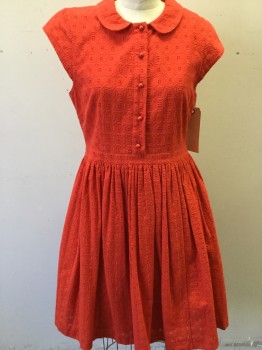 Womens, Dress, Short Sleeve, KATE SPADE, Red, Cotton, Solid, 6, Red Eyelet Lace, Button Front Placket, Round Collar, Cap Sleeve, Keyhole Back, Gathered Waist Skirt, Side Zipper,