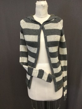 EVER, Cream, Gray, Taupe, Wool, Cashmere, Stripes, Button Front Wool Knit Hoodie. Double Layered of Knitting. Was Reversable. One Side is a Sheer Knit of Gray and Creme Horizontal Stripes, One Side ( Inside) is Gray and Taupe Horizontal Stripes in Solid Knit