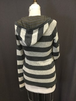 EVER, Cream, Gray, Taupe, Wool, Cashmere, Stripes, Button Front Wool Knit Hoodie. Double Layered of Knitting. Was Reversable. One Side is a Sheer Knit of Gray and Creme Horizontal Stripes, One Side ( Inside) is Gray and Taupe Horizontal Stripes in Solid Knit