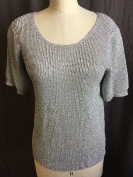 CHRISTINE PHILLIPE , Silver, Rayon, Polyester, Solid, Sparkly Silver, Round Neck,  Short Sleeves,
