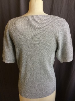 CHRISTINE PHILLIPE , Silver, Rayon, Polyester, Solid, Sparkly Silver, Round Neck,  Short Sleeves,