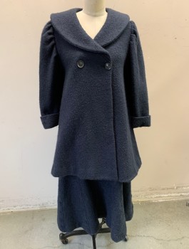 MTO, Navy Blue, Wool, Solid, Boiled Wool Coat, Double Breasted, Shawl Collar, Gathered Shoulders, 3/4 Sleeve, Cuffed, **Hole in Cuff,