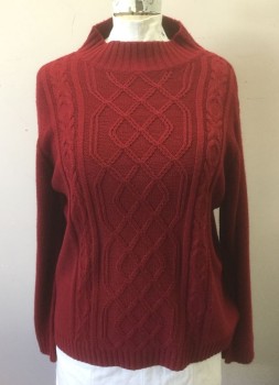 Womens, Pullover, CAROL ROSE, Ruby Red, Acrylic, Solid, Cable Knit, 1X, Long Sleeves, Mock Neck, Below Hip Length