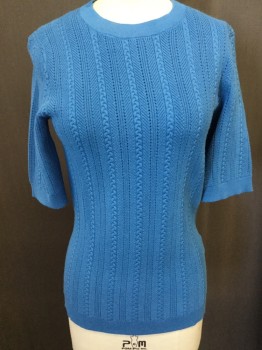Womens, Pullover, BROOKS BROTHERS, French Blue, Viscose, Polyester, Solid, S, Crew Neck, Short Sleeves, Cable Knit W/lace Knit and Herringbone