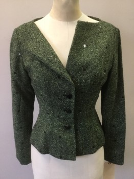 TERI JON, Green, Moss Green, Wool, Sequins, 2 Color Weave, 4 Buttons, Black Square Sequins Applique on 2 Color Weave Jacket & Skirt...