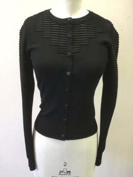 Womens, Pullover, N/L, Black, Solid, B: 30, S, Faux Cardigan, 1/2 Snap Front, Ribbed Knit Collar/Cuff/Waistband, Mesh Ribbed Yoke/Top of Sleeve