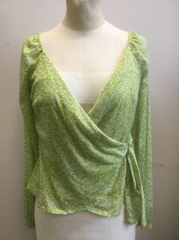 Womens, Top, 4SI3NNA, Lime Green, White, Black, Polyester, Floral, S, Lime with White and Black Tiny Flowers Pattern Sheer Mesh, Solid Opaque Lime Jersey Lining, Long Sheer Sleeves, Plunging Neckline with Wrapped V Neck, **Barcode Behind Wrap Closure in Front