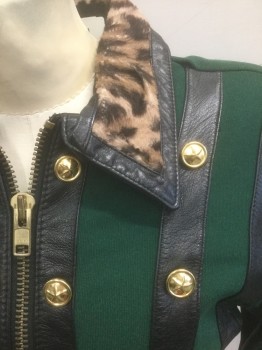 VAN BUREN, Forest Green, Black, Lt Brown, Nylon, Leather, Solid, Animal Print, Forest Green Stretch with Black Vertical Leather Stripes, Gold Zipper at Front, Collar Attached with Brown/Black Leopard Spot Furry Detail, Gold Decorative Buttons with Stars, Padded Shoulders