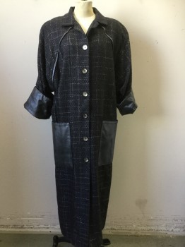 Womens, Coat, TAN-GOUGH, Black, Charcoal Gray, White, Wool, Viscose, Tweed, Plaid-  Windowpane, B36, Large, W32, 8  Buttons, Leather Details 2 Patch Pockets, Cuffs, and Piping, Notched Lapel, Long Coat, Short Sleeves,