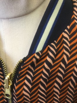 SCOTCH & SODA, Navy Blue, Rust Orange, Terracotta Brown, Animals, Abstract , **Reversible** Jacket, One Side is Navy with Rust Leopards Pattern, Opposite Side is Rust and Terracotta Chevron Pattern, Bomber Jacket, Zip Front, Navy with Cream and Iridescent Blue Stripes Rib Knit Neck, Cuffs & Waistband, 2 Pockets on Either Side **Barcode Located in Pocket