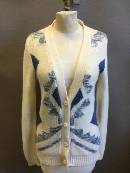 ATMOSPHERE, Cream, Blue, Acrylic, Novelty Pattern, Button Front, Jagged Blue Pattern on Cream, Long Sleeves, Ribbed Knit Cuff/Waistband