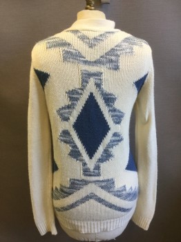 ATMOSPHERE, Cream, Blue, Acrylic, Novelty Pattern, Button Front, Jagged Blue Pattern on Cream, Long Sleeves, Ribbed Knit Cuff/Waistband