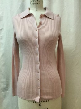 UNIQLO, Lt Pink, Wool, Solid, Lt Pink, Ribbed, Button Front, Collar Attached,