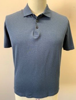 CANALI, Dk Blue, Cotton, Solid, Pique, Short Sleeves, Collar Attached, 3 Button Placket